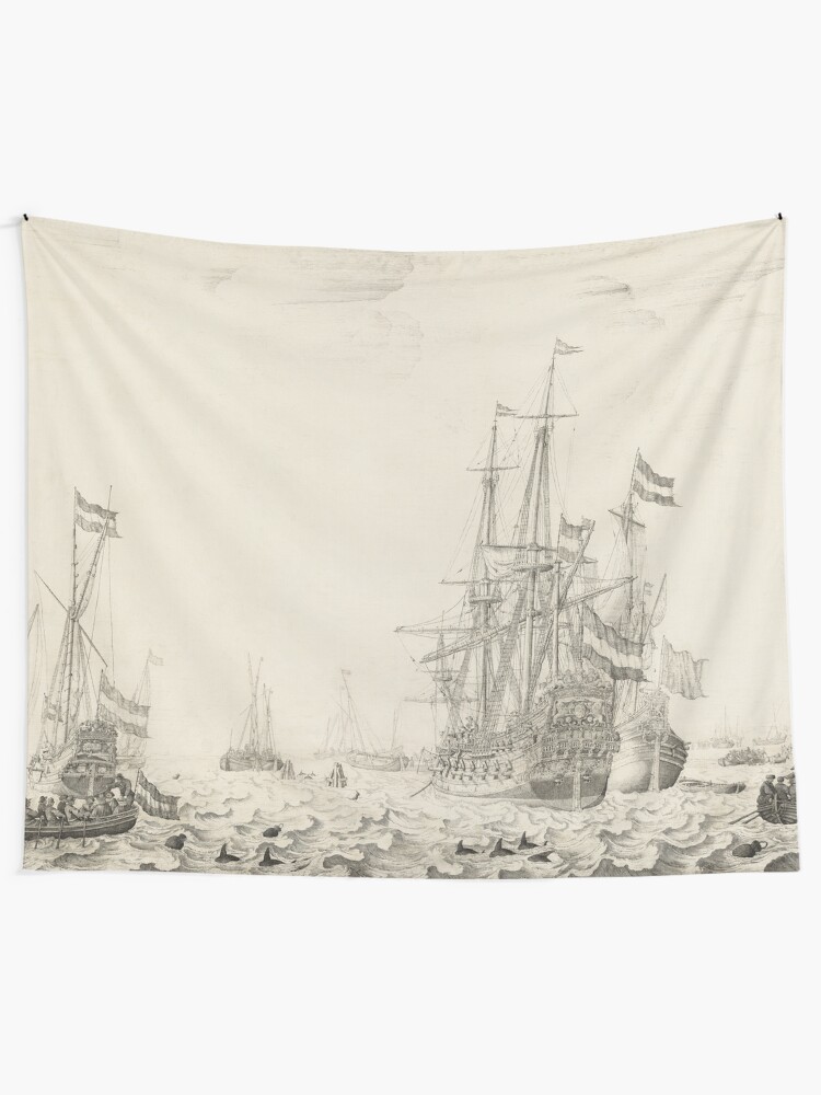 Alternate view of Dutch Ships near the Coast Oil Painting by Willem van de Velde the Elder Tapestry