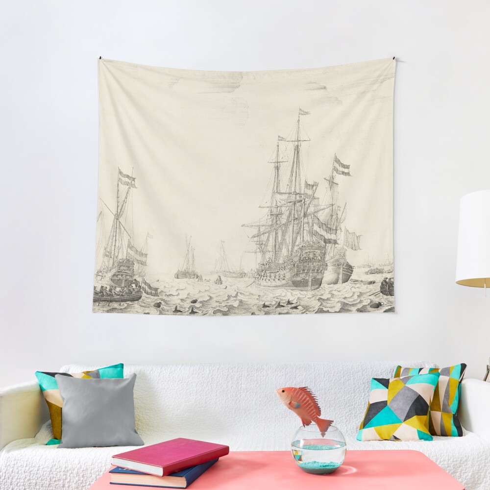 Dutch Ships near the Coast Oil Painting by Willem van de Velde the Elder Tapestry