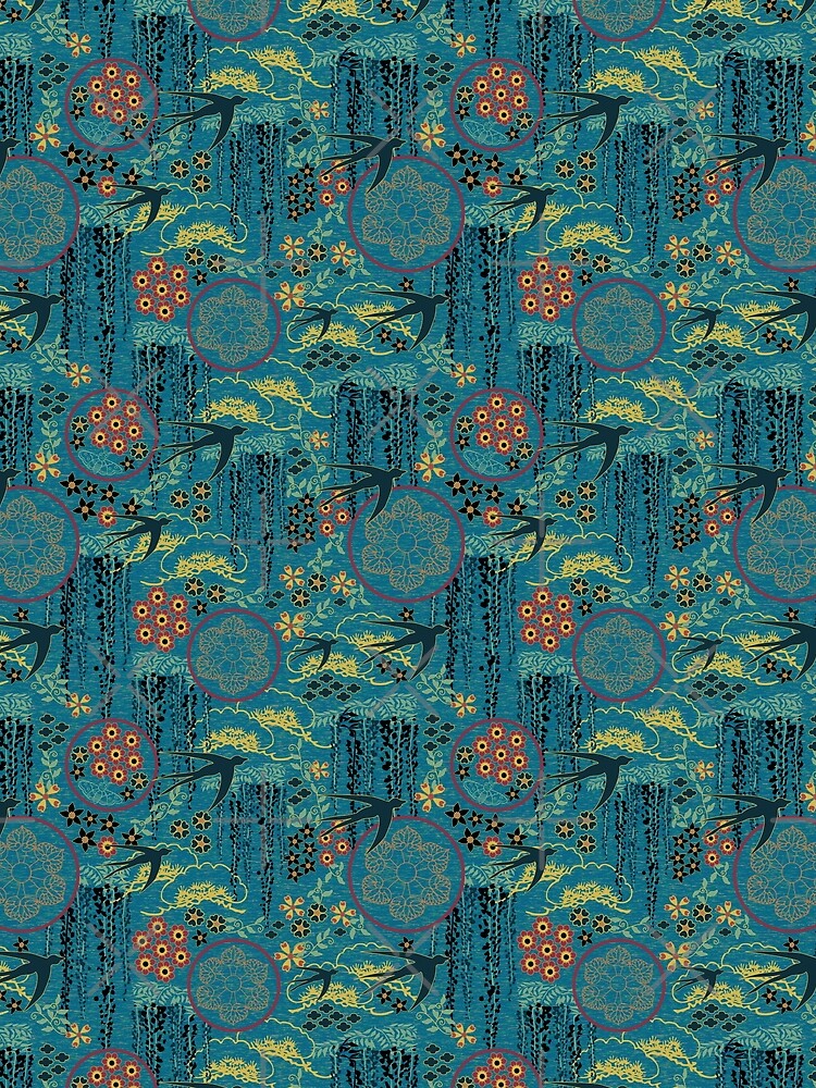 "Japanese Garden in Teal Gold Red and Black" Sleeveless Top for Sale by