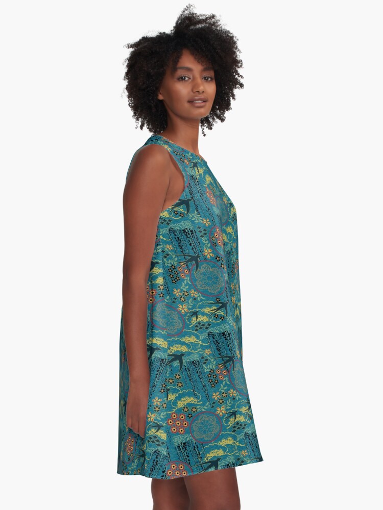 Alternate view of Japanese Garden in Teal Gold Red and Black A-Line Dress