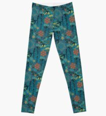 Japanese Garden in Teal Gold Red and Black Leggings