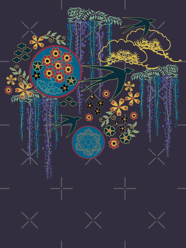 "Japanese Garden in Teal Gold Red and Black" Tshirt for Sale by
