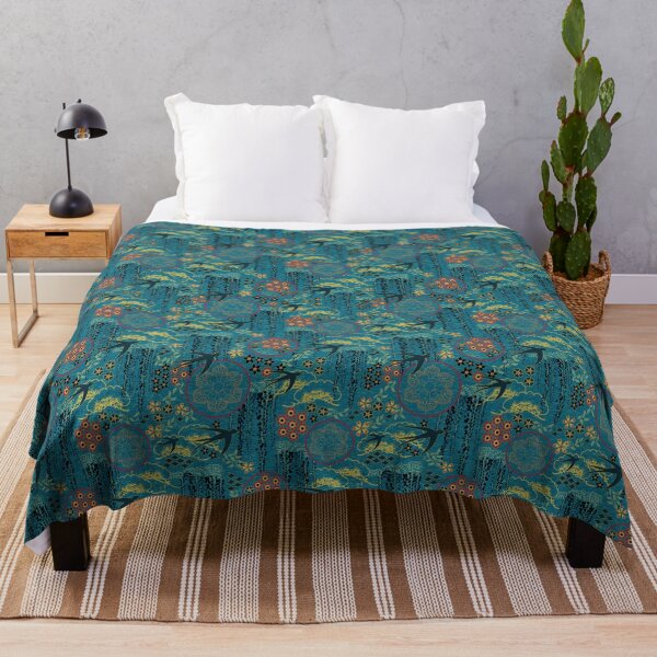 Japanese Garden in Teal Gold Red and Black Throw Blanket