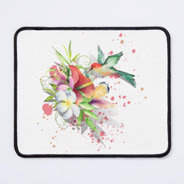 Item preview, A beautiful design of a hovering hummingbird and a bouquet of tropical blooms and feathers, set off against a pink watercolor splash and stars designed and sold by Wonder & Whimsy.