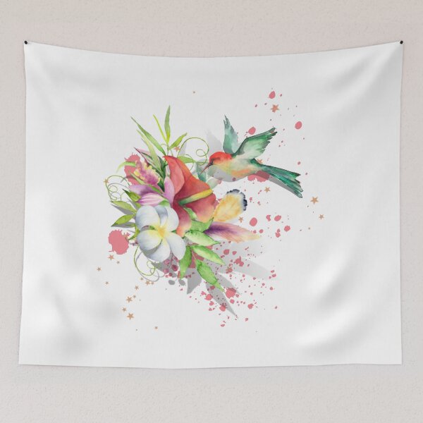 Item preview, A beautiful design of a hovering hummingbird and a bouquet of tropical blooms and feathers, set off against a pink watercolor splash and stars designed and sold by Wonder & Whimsy.