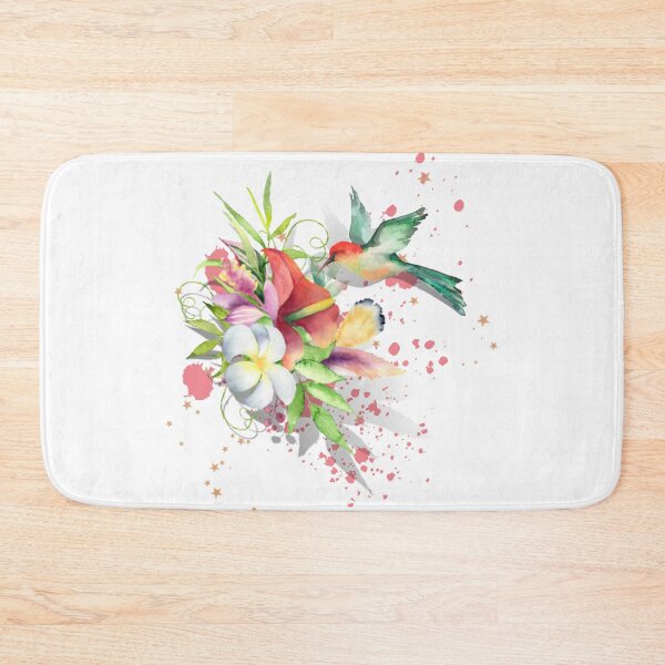 Item preview, A beautiful design of a hovering hummingbird and a bouquet of tropical blooms and feathers, set off against a pink watercolor splash and stars designed and sold by ditzy-designs.