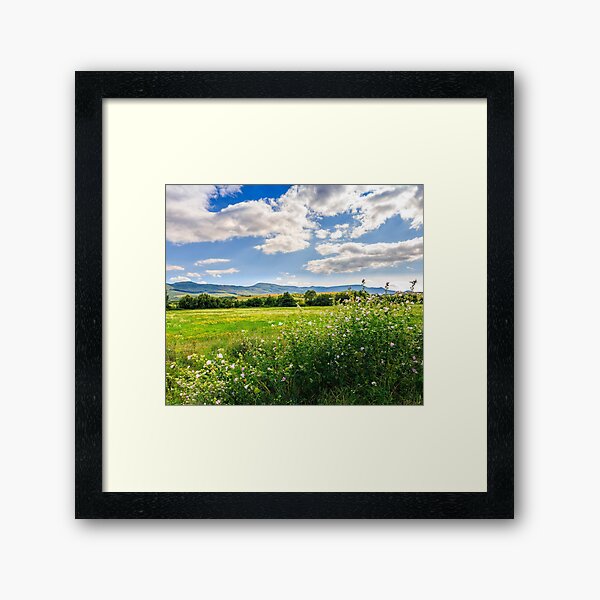 countryside summer landscape with field, forest and mountain ridge Framed Art Print