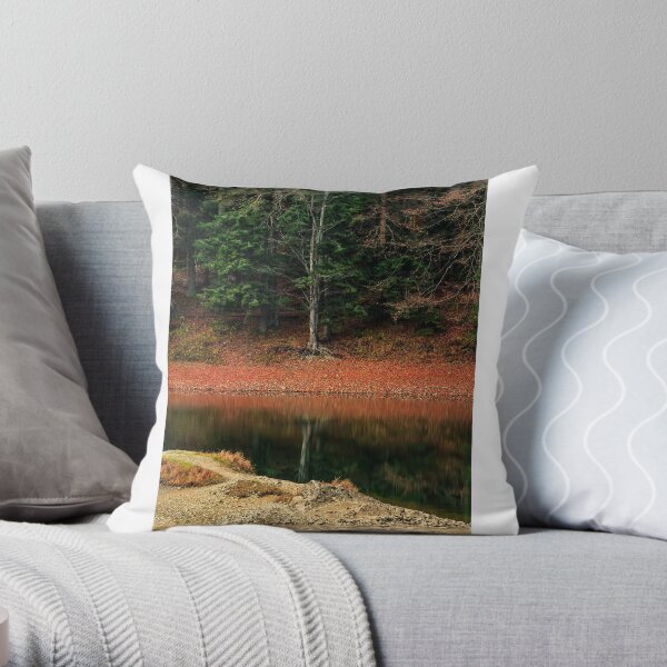 spruce forest on the lake in mountains Throw Pillow