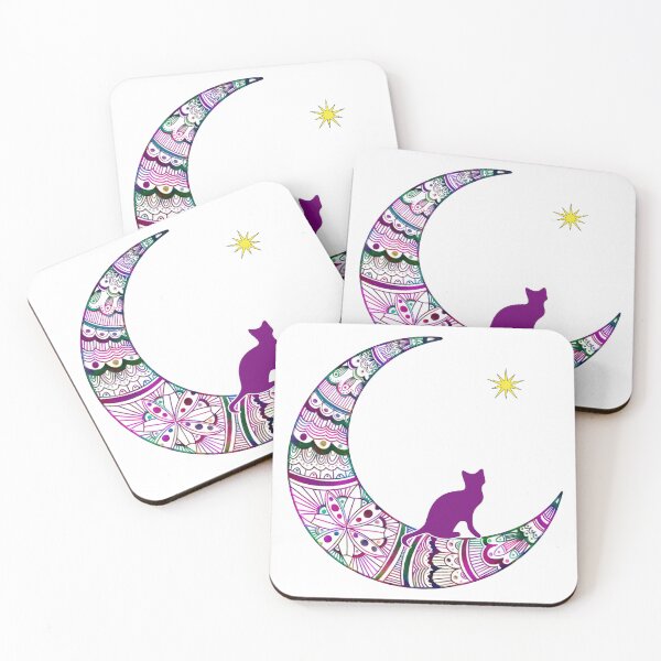 Item preview, Mandala Cresent Moon with Meditating Purple Cat and Star designed and sold by ittybittyowl.