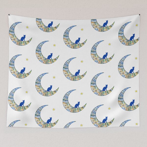Item preview, Mandala Cresent Moon with Meditating Blue Cat and Star designed and sold by ittybittyowl.