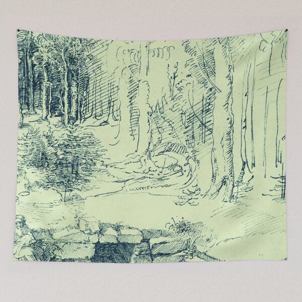 Item preview, Forest glade with a walled fountain by which two men are sitting  designed and sold by Golido.