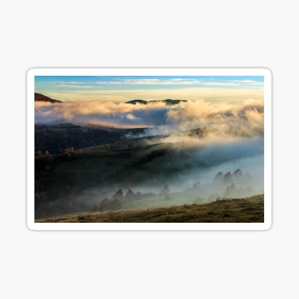 mountain rural area in foggy autumn morning Sticker