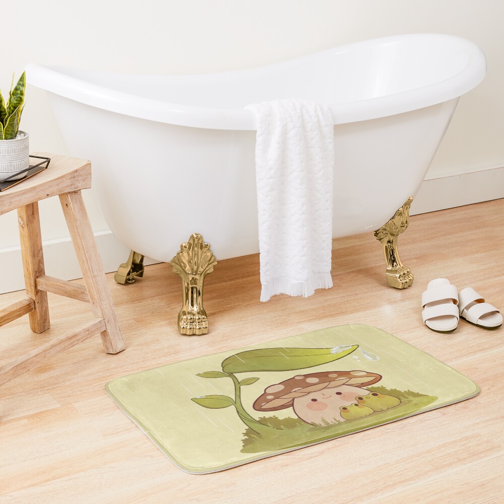 Cute mushroom and frogs in the rain Bath Mat