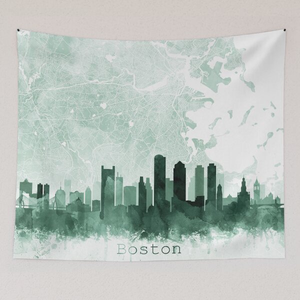 Item preview, Boston Skyline & Map Watercolor Sage Green, Print by Zouzounio Art designed and sold by zouzounioart.
