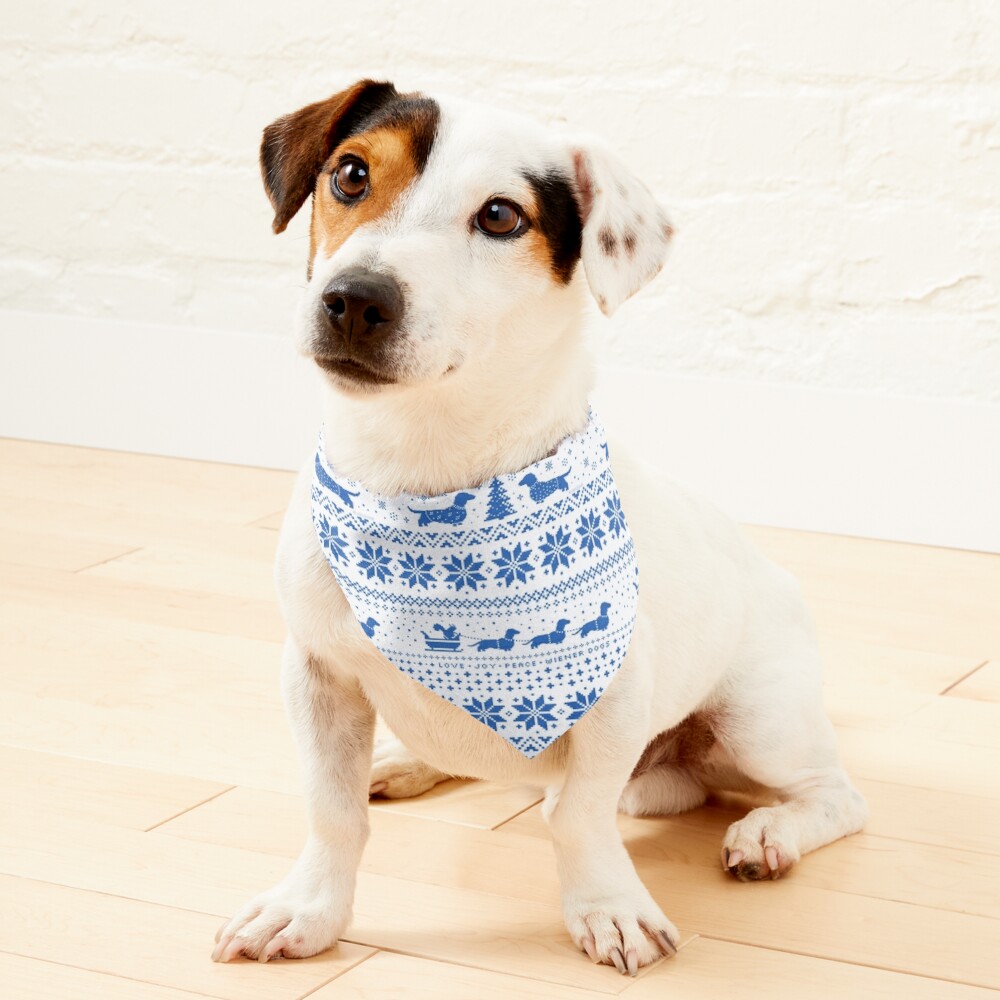 Love Joy Peace Wiener Dogs | Blue and White Holiday Pattern Pet Bandana