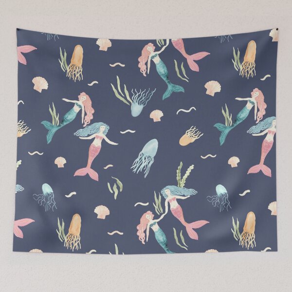 Item preview, Watercolor mermaids on dark blue designed and sold by Ashleigh Fish.