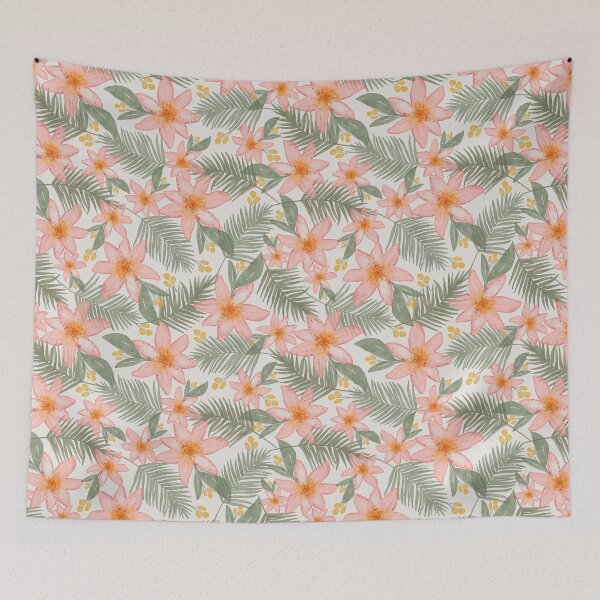Item preview, Tropical leaves with pink florals designed and sold by Ashleigh Fish.