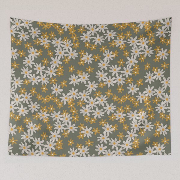 Item preview, Daisies in yellow and white on dark olive green designed and sold by Ashleigh Fish.