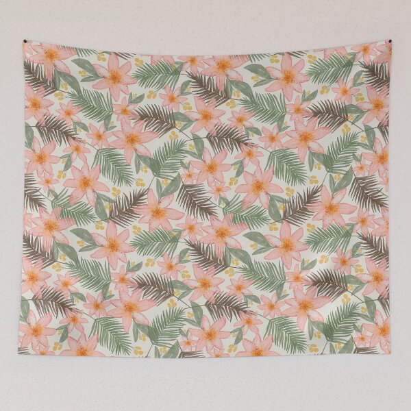 Item preview, Tropical leaves with pink florals and dark leaves designed and sold by Ashleigh Fish.