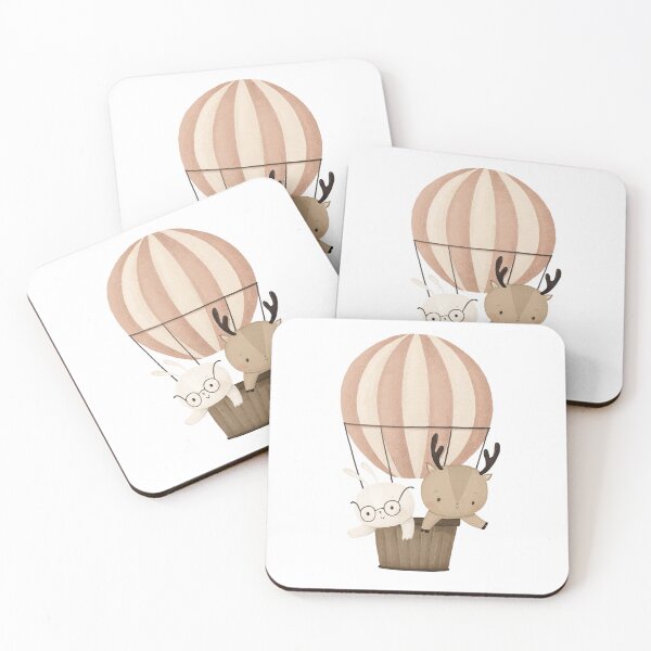 Item preview, cute animals rabbit and deer are flying in a striped hot air balloon. Cartoon rabbit with glasses and a deer with antlers are flying on transport. Design and printing, children's decor, postcards designed and sold by the-myro.