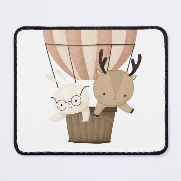 Item preview, cute animals rabbit and deer are flying in a striped hot air balloon. Cartoon rabbit with glasses and a deer with antlers are flying on transport. Design and printing, children's decor, postcards designed and sold by the-myro.