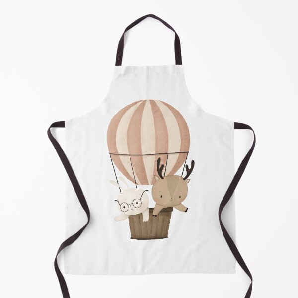 Item preview, cute animals rabbit and deer are flying in a striped hot air balloon. Cartoon rabbit with glasses and a deer with antlers are flying on transport. Design and printing, children's decor, postcards designed and sold by the-myro.