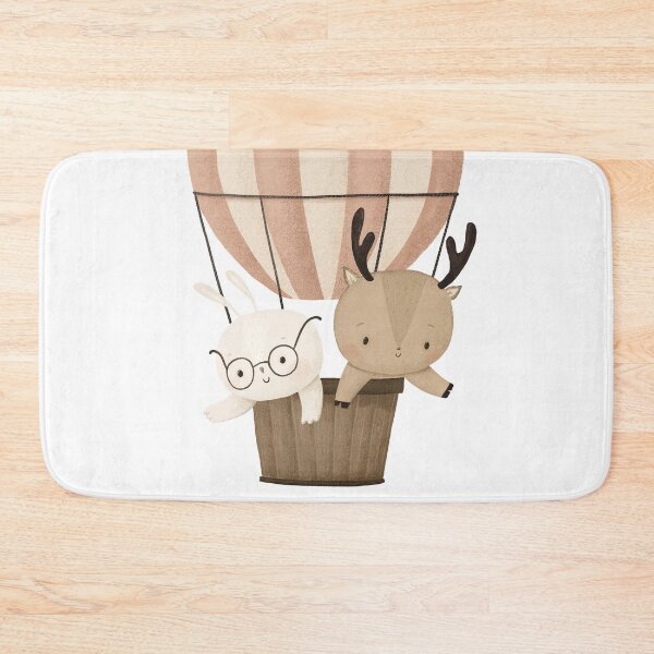 Item preview, cute animals rabbit and deer are flying in a striped hot air balloon. Cartoon rabbit with glasses and a deer with antlers are flying on transport. Design and printing, children's decor, postcards designed and sold by the-myro.