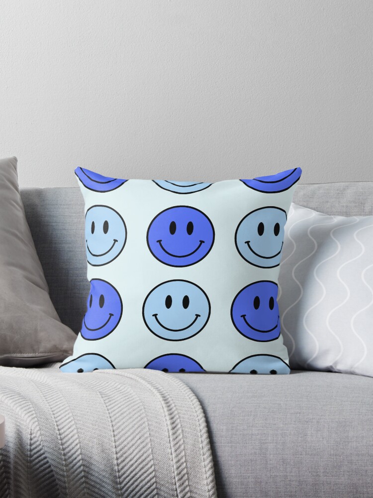 Blue Smiley Face Pattern Pillow
