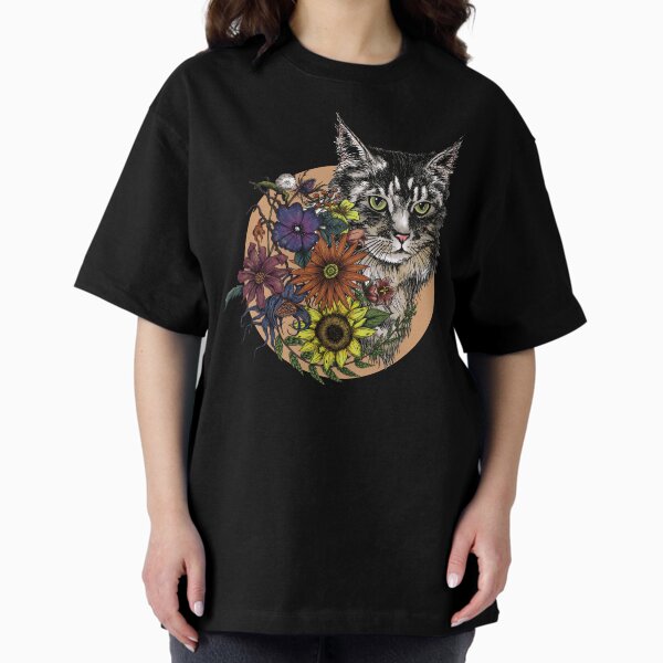 ShopForShelters: Proceeds Support No-Kill Shelter Initiatives - Maine Coon Cat in WildFlowers Oversized T-Shirt