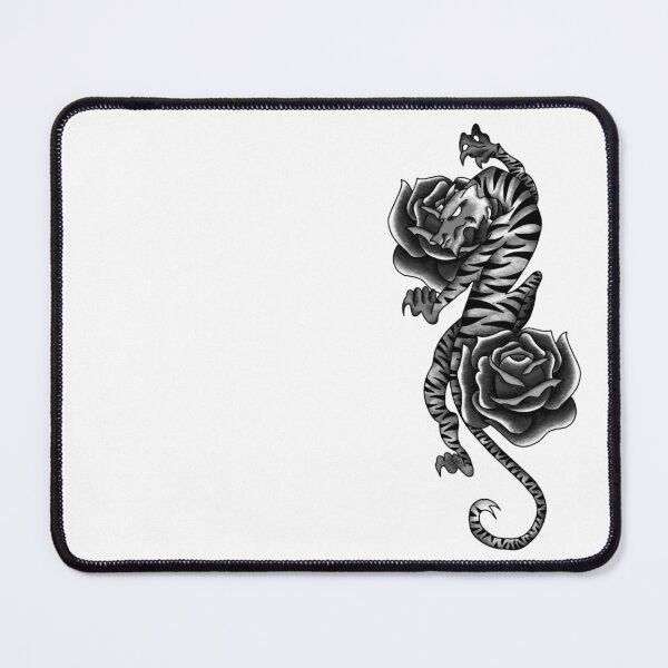 Item preview, Neo-Traditional Tiger and Roses (B&W) designed and sold by EN Tattoos & Designs.