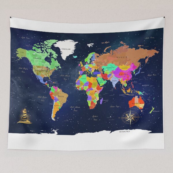 Item preview, World Map Navy Blue Art designed and sold by SharpWallArts.