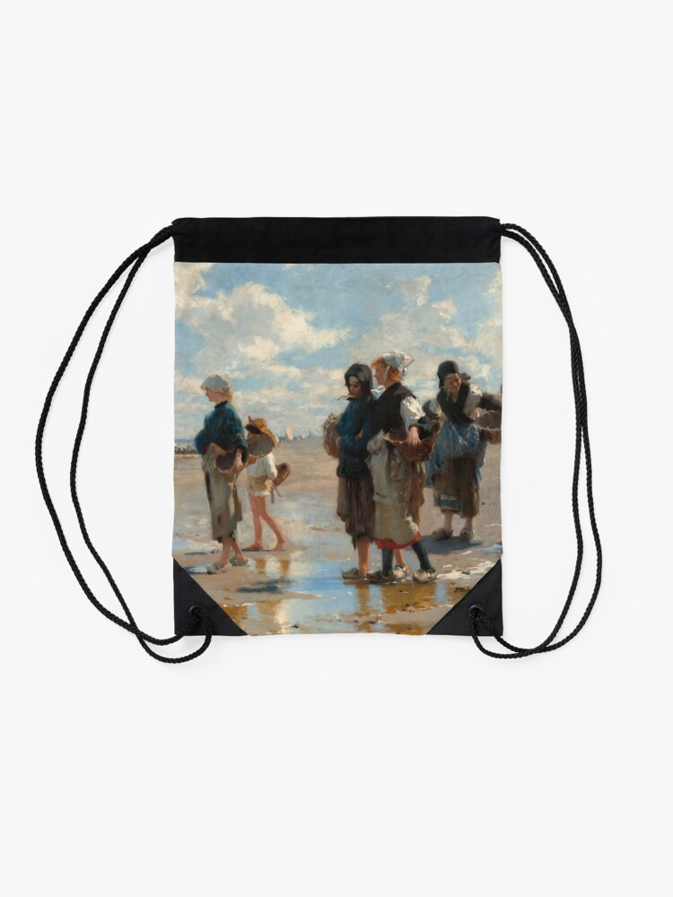 Alternate view of Setting Out to Fish Oil Painting by John Singer Sargent Drawstring Bag