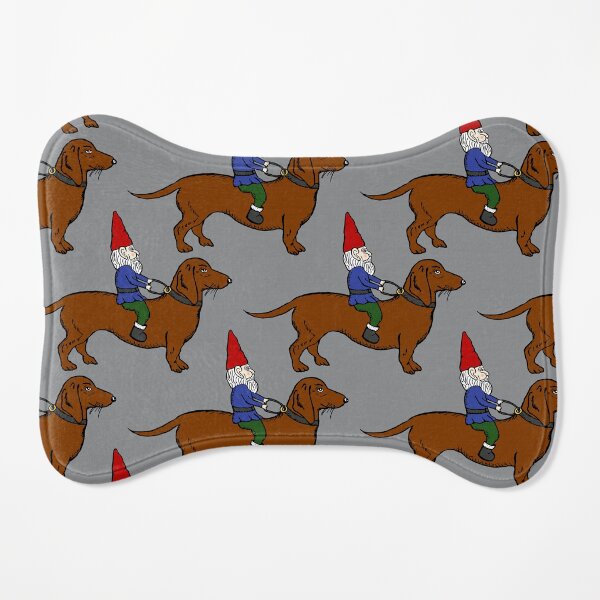 Gnome Riding a Dachshund Pattern, Gray Background Dog Mat
