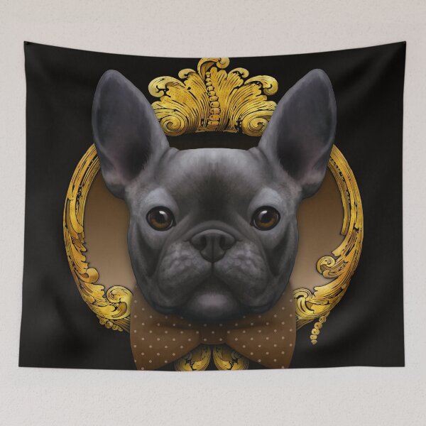 Item preview, French bulldog illustration with brown bowtie and gold frame designed and sold by Svitac.