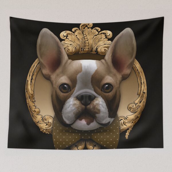 Item preview, French bulldog illustration with ochre bowtie and gold frame designed and sold by Svitac.