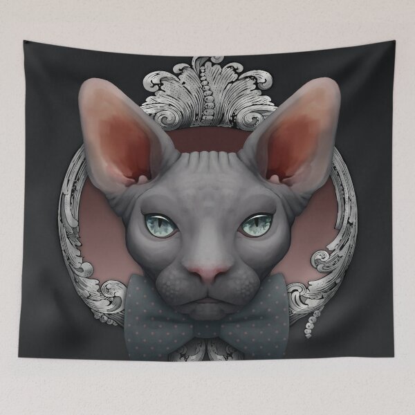 Item preview, Sphynx cat illustration with grey bowtie and silver ornamental frame designed and sold by Svitac.