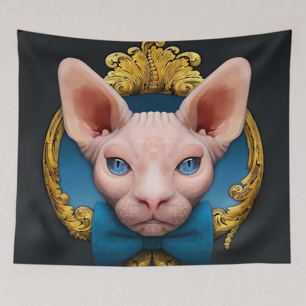 Item preview, Sphynx cat illustration with blue bowtie and gold ornamental frame designed and sold by Svitac.
