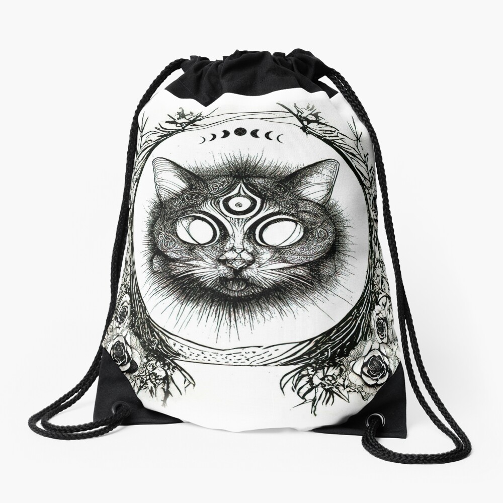 Three Eyed Cat Drawstring Bag