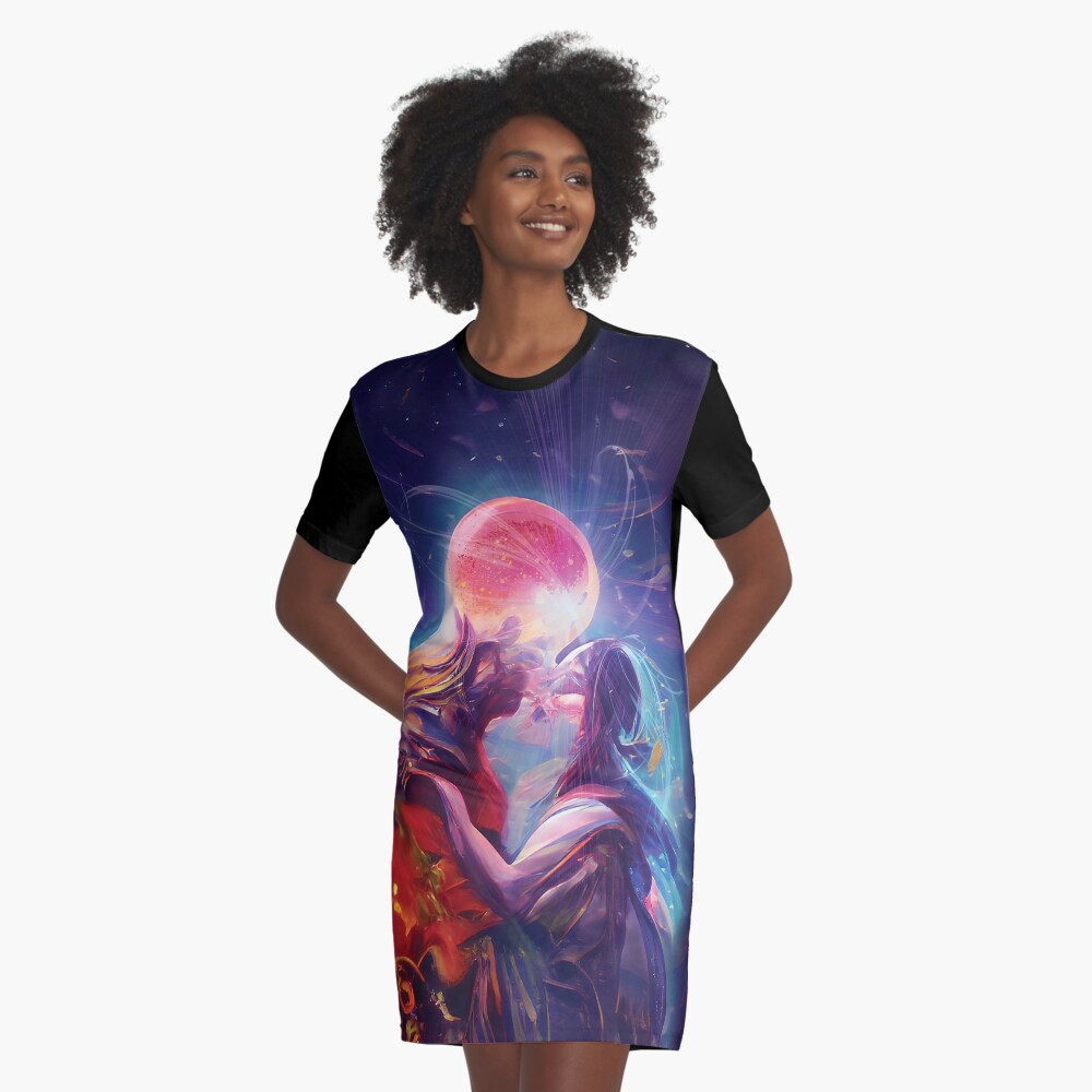 The Secret Kissing of the Sun and Moon Graphic T-Shirt Dress