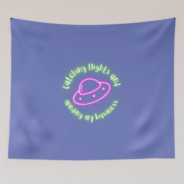 Item preview, Catching Flights And Minding My Business - Neon Sign, Flying Saucer, UFO, Starry Night, Pink And Green, Blue Background designed and sold by AmbiguNation.