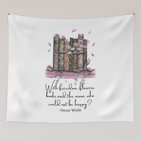 Item preview, With freedom, flowers, books, and the moon, who could not be happy quote, Oscar Wilde quote with a romantic book floral design designed and sold by ThunderAndGrace.