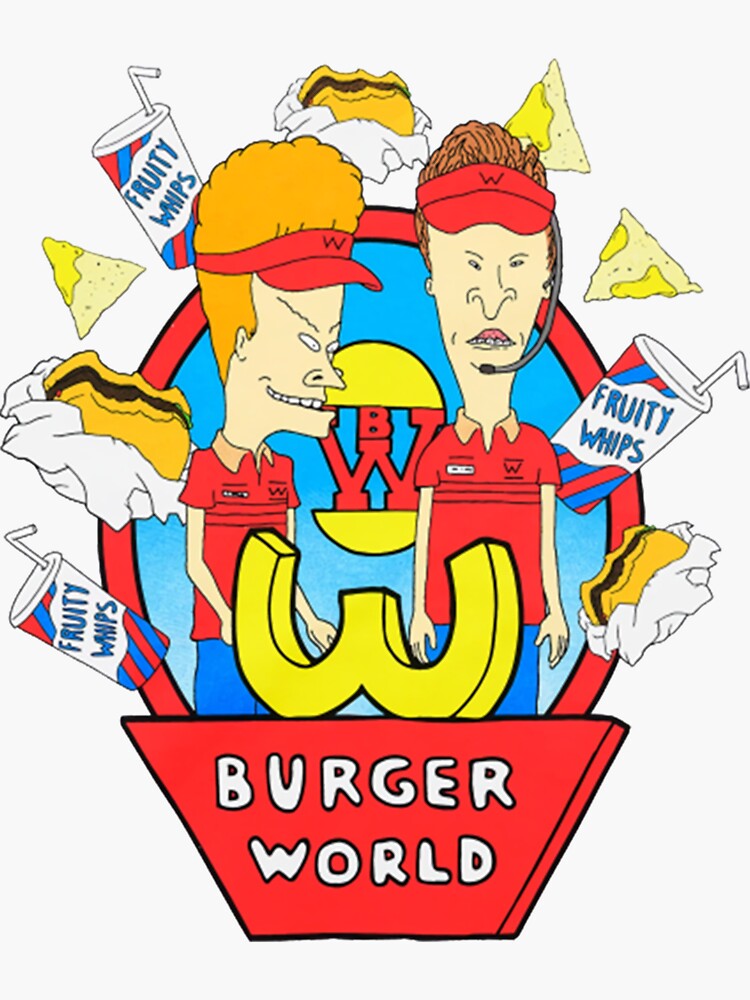 "Burger World cornholio Beavis Shirt E" Sticker for Sale by czarnyiz