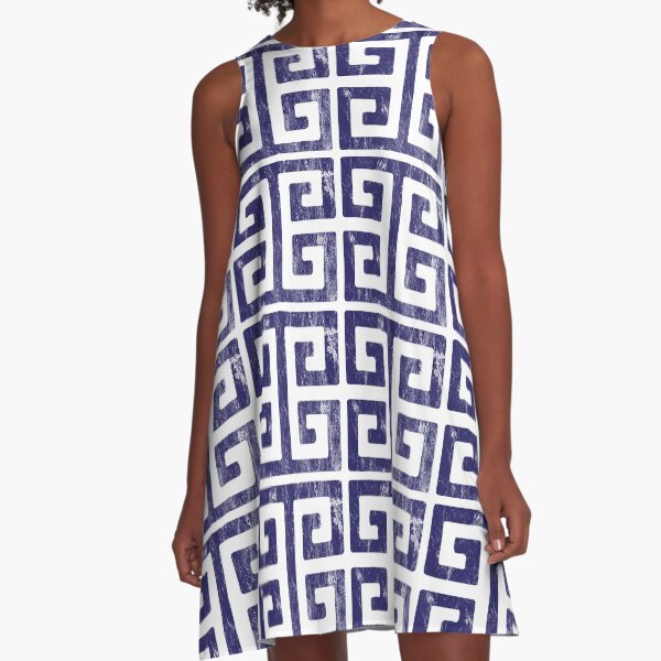 Greek Key Blue and White Geometric Pattern A-Line Dress