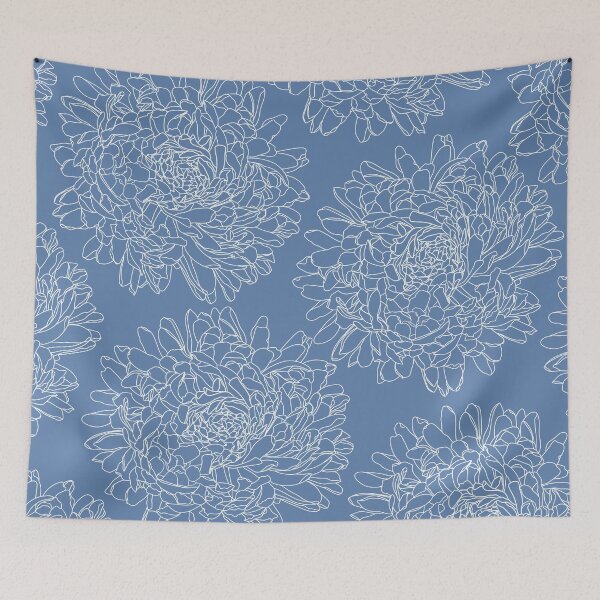 Item preview, Pattern with lovely white line dahlias on blue ground designed and sold by marina63.