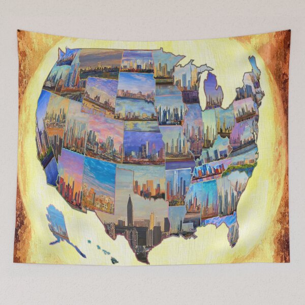 Item preview, All 50 State Capitals Paintings in a US Map. - USA Cityscapes designed and sold by AIArtWizard ⭐⭐⭐⭐⭐.