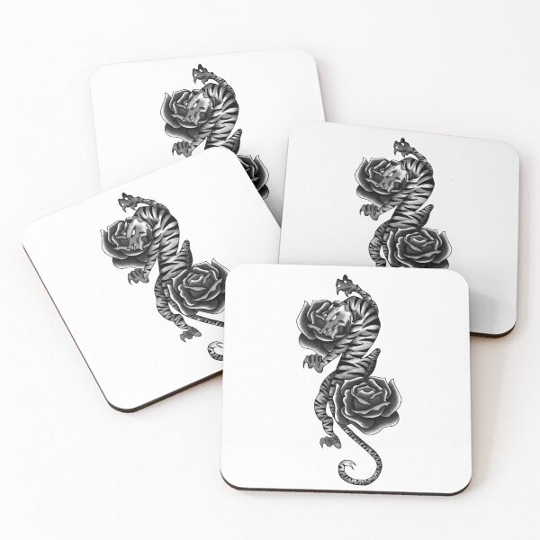 Item preview, Neo-Traditional Tiger and Roses (B&W) designed and sold by EN Tattoos & Designs.
