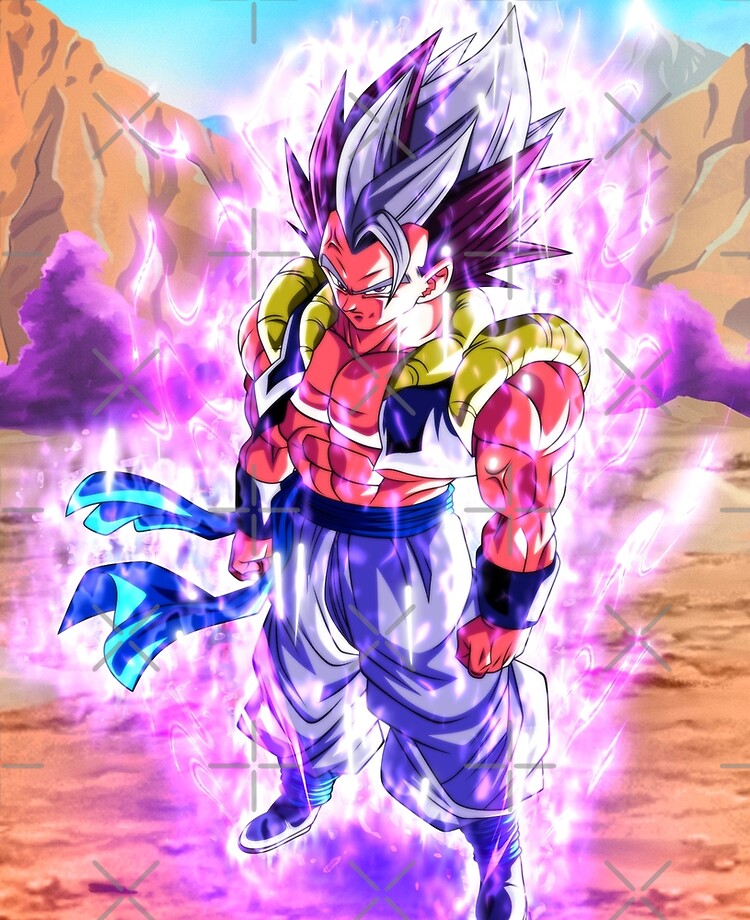 Gogeta ssj5 with purple and silver hair and ultra ego marks on his