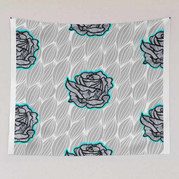 Item preview, Hand Drawn Cyan Roses on Grey Geometric pattern designed and sold by Harriet Linton.