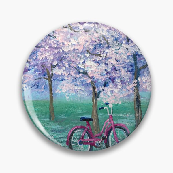 Item preview, dreamy spring landscape painting pink bike purple lilac cherry blossom designed and sold by LEILA ART SPACE.