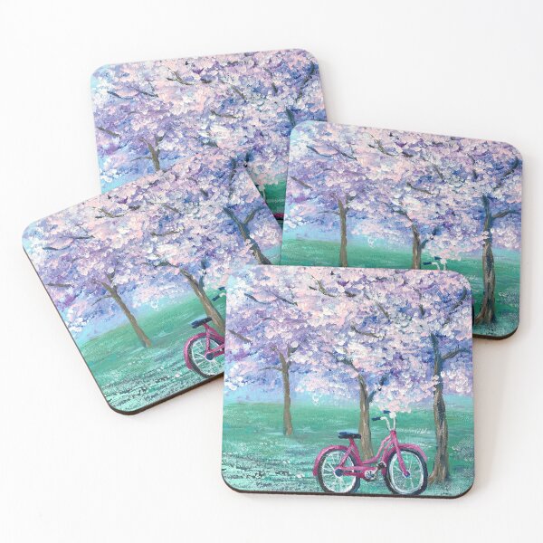 Item preview, dreamy spring landscape painting pink bike purple lilac cherry blossom designed and sold by LEILA ART SPACE.